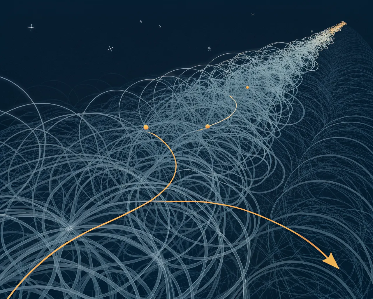 Abstract illustration of many grey market lines and one amber model line diverging