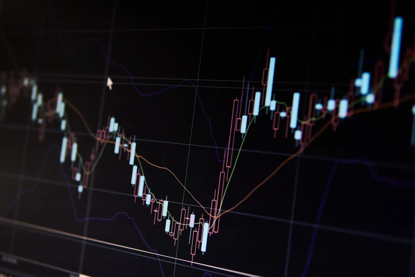 A price chart in pale blue on a dark monitor